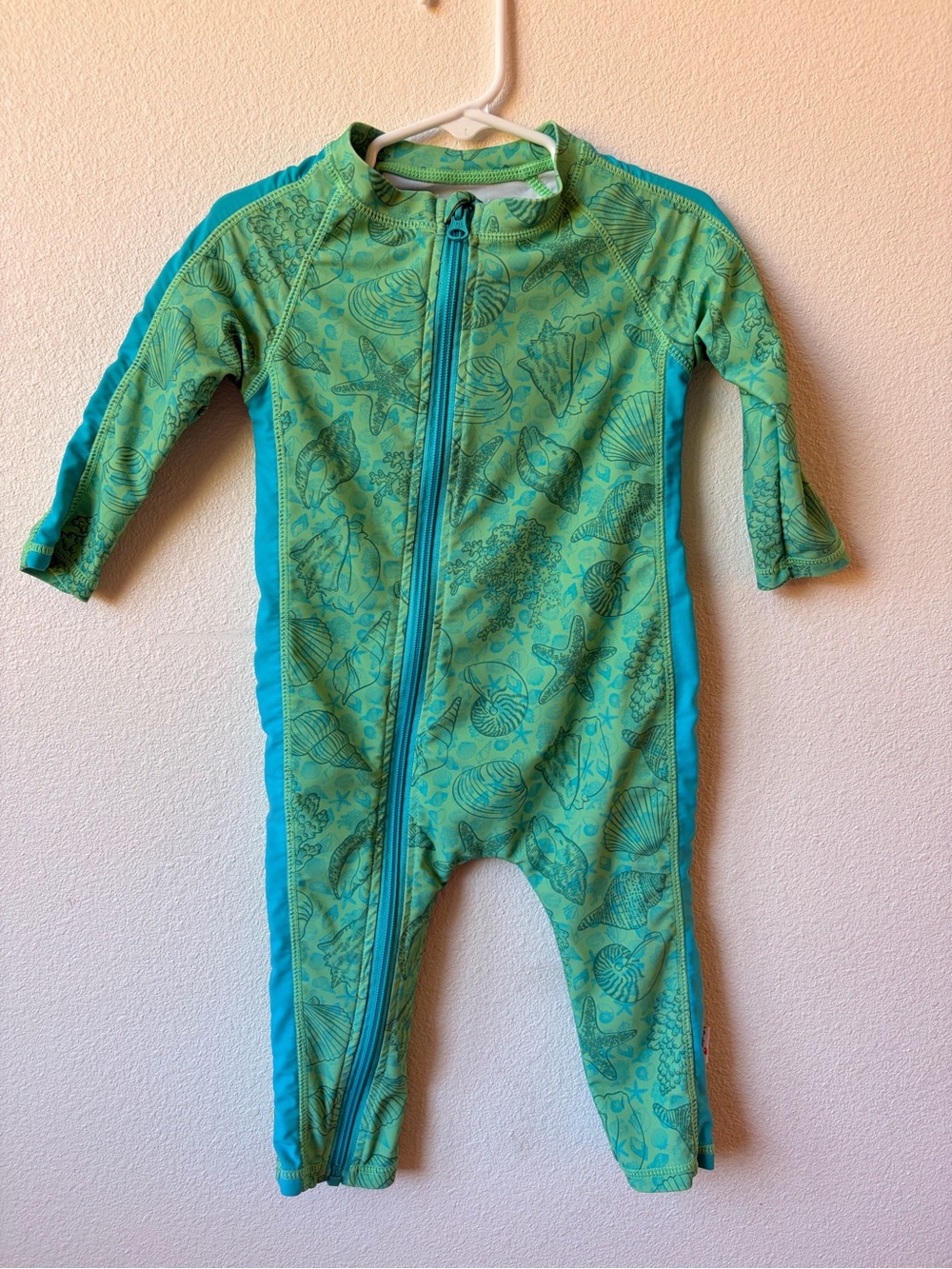 18-24 Month SwimZip Two-Tone Blue & Green Swim Suit Rash Guard Sea Shell Print